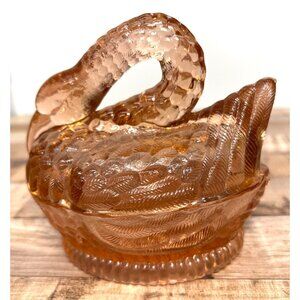 Glass Flamingo Pink hen dish bowl lid bird tropical figurine art boyds vtg candy